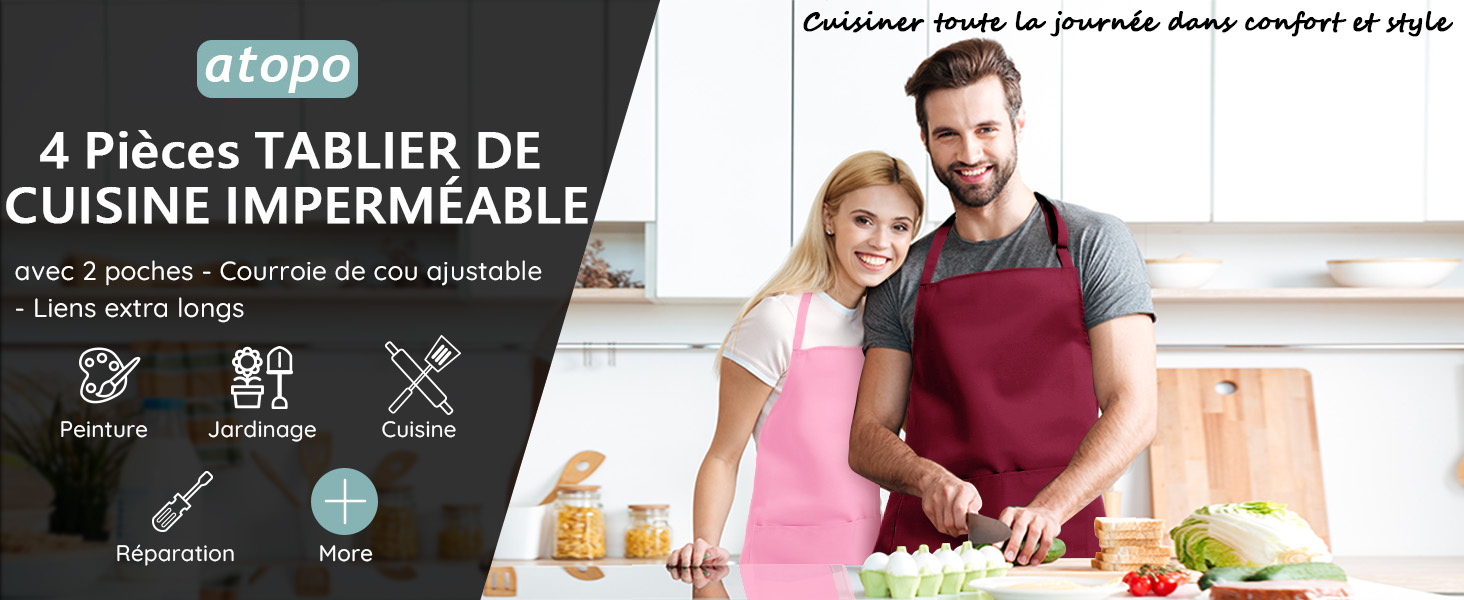 Emballage du produit pour l'ensemble de 4 tabliers de cuisine imperméables Atopa. Doté d'une sangle de cou réglable et de liens extra-longs, il convient à la peinture, au jardinage et à la cuisine