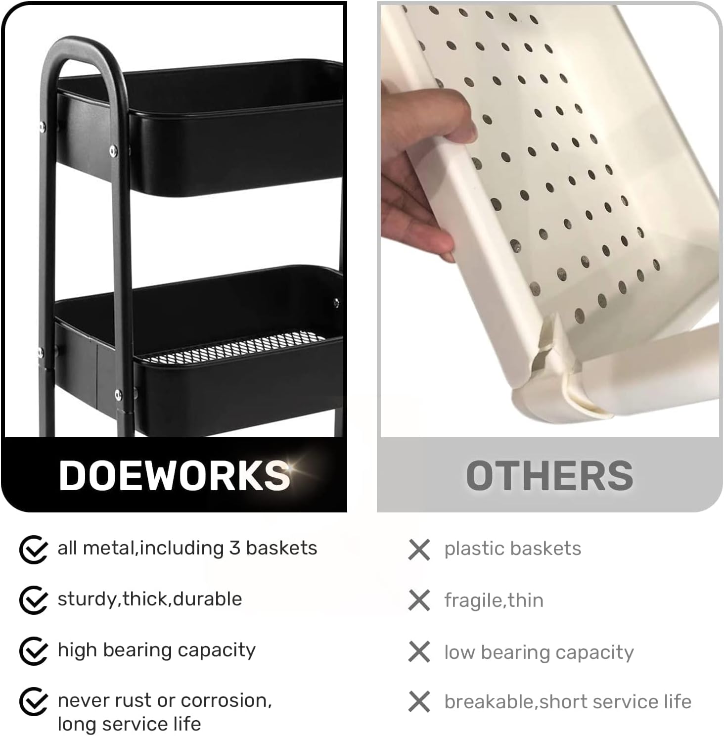 DOEWORKS - chariot 3 niveaux, métal, tiroir, noir, rangement mobile