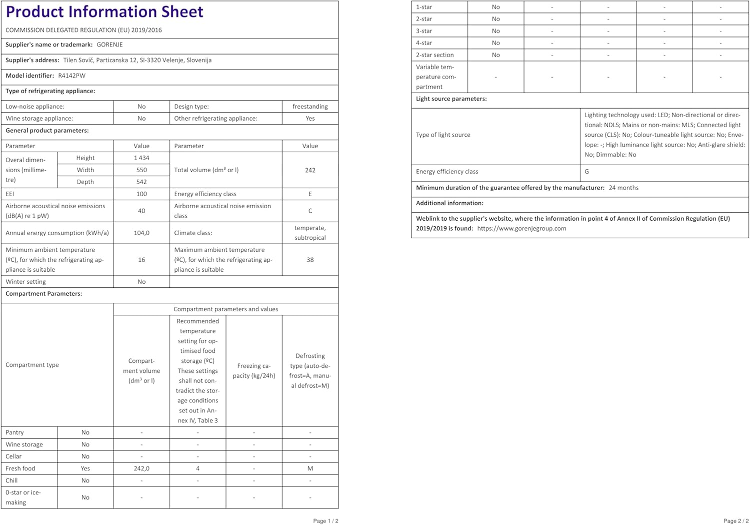 Gorenje - R4142PW - 242 L Autoportant, classe E, couleur blanche, R4142PW