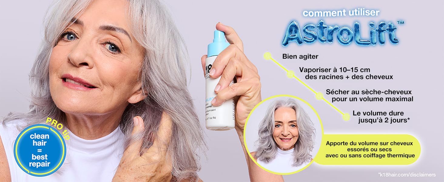 Le texte indique « AstroLift » et « Room Splitter ». Images de démonstration du produit avec un texte de mesure indiquant « 10 à 45 cm » et des indicateurs de badge circulaire bleu.