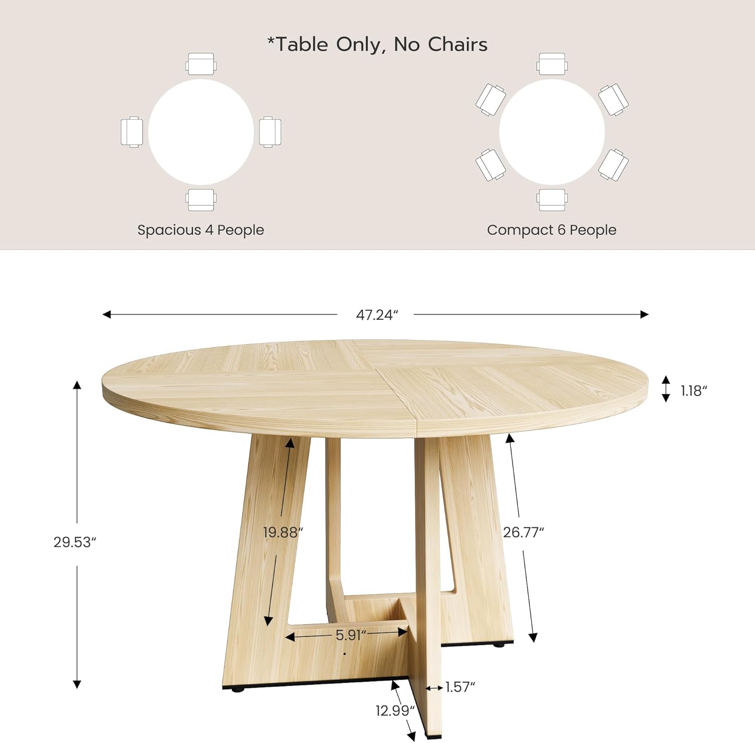 YOUDENOVA - Table rétro 120 cm, bois rond, 4-6 personnes, salle à manger