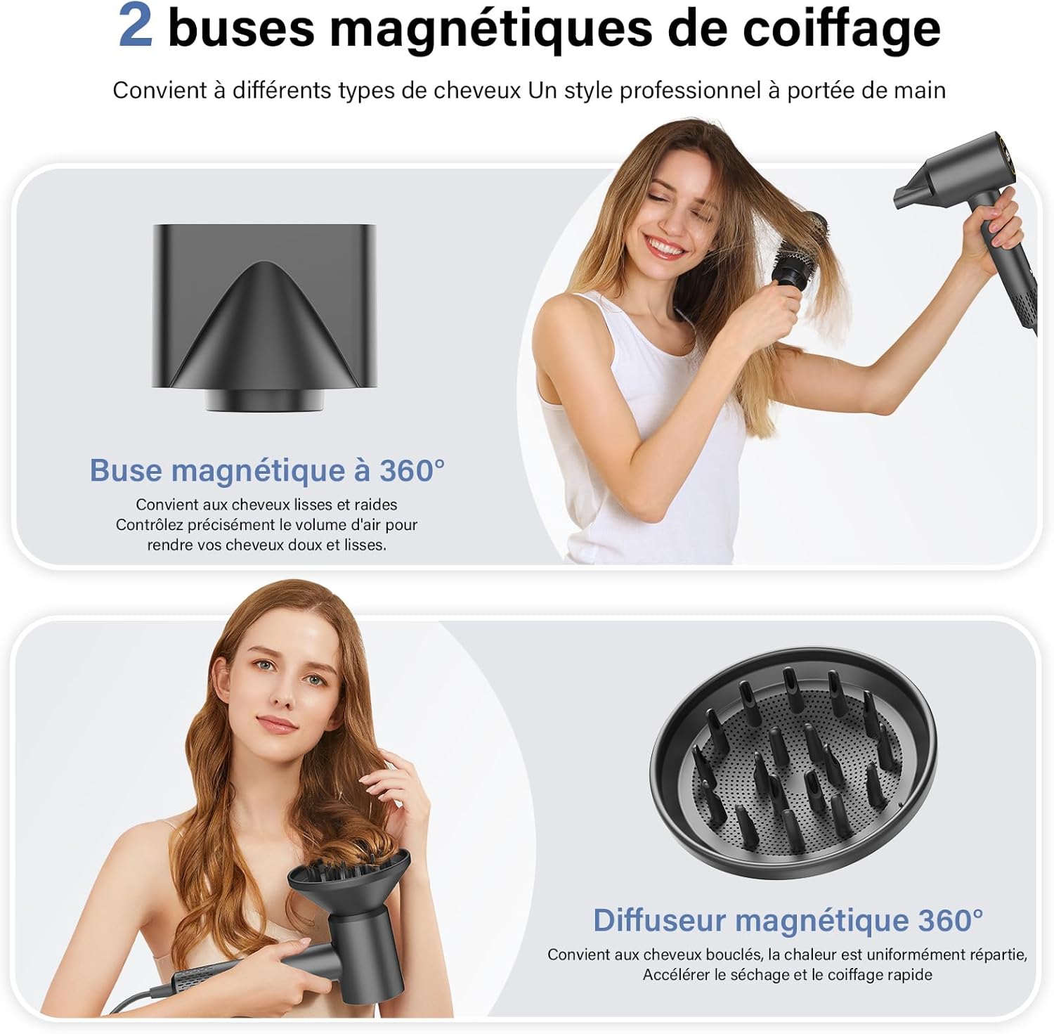 Sèche-cheveux professionnel - ionique, moteur 110 000 tr/min, 57 dB, diffuseur, séchage rapide, 400M plasma