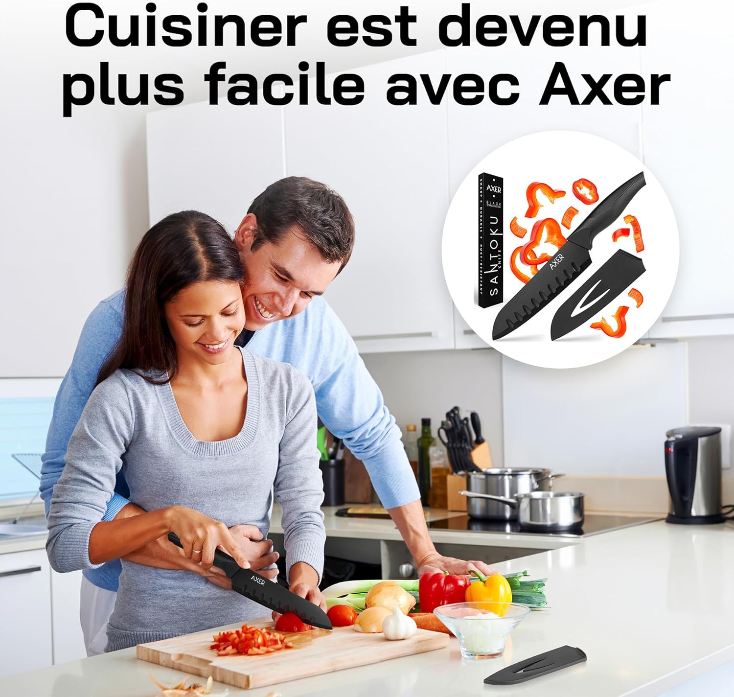 Axer - Couteau Santoku série cuisine japonaise - 18 cm lame acier, manche ergonomique