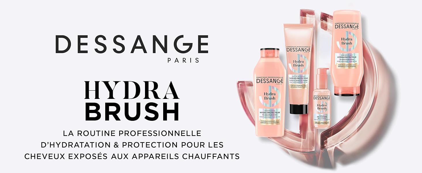 Le texte indique « DESSANGE BRUSH HYDRA ». Publicité de produits de beauté présentant des emballages de soins de la peau ou de soins capillaires aux tons roses avec texte en français.