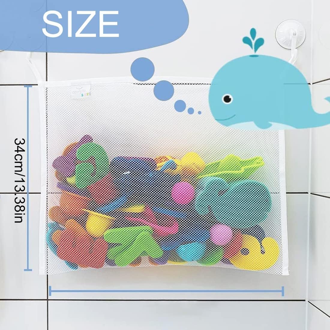 Filet de bain rangement jouets, animaux marins, 2 ventouses, lavable, sans perçage
