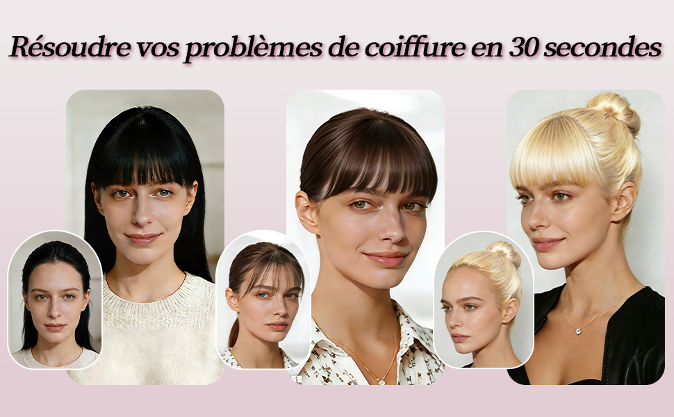Le texte se lit comme suit : « Résoudre vos problèmes de coiffure en 30 secondes ». Plusieurs images disposées dans une grille montrant différentes coiffures.