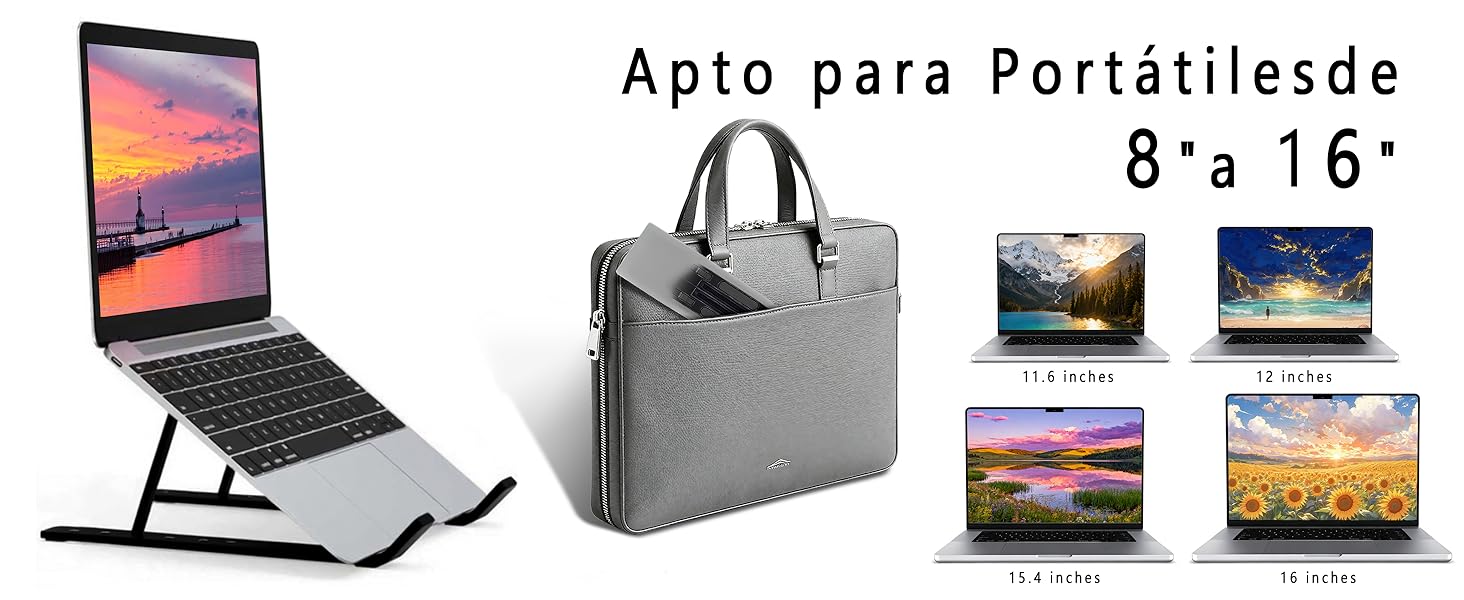Le texte indique « Adapté aux ordinateurs portables de 8 à 16 pouces ». Présentation du produit comprenant un support gris pour ordinateur portable et un étui de transport avec plusieurs angles de vision et des illustrations de compatibilité des tailles.