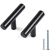 Deux poignées de tiroir cylindriques noires au design élégant et moderne. Les vis de montage argentées et bleues sont présentées séparément.