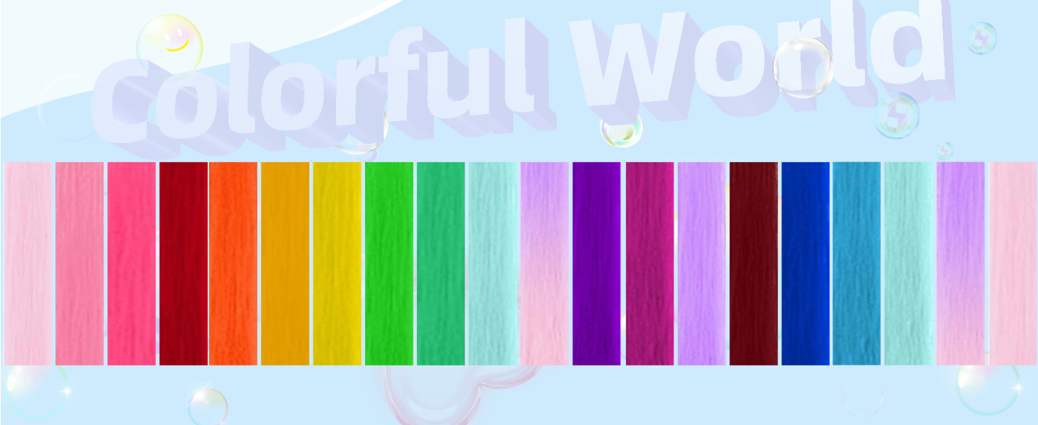 Rayures verticales multicolores disposées selon un spectre, présentant une large gamme de teintes éclatantes sur un fond bleu clair avec le texte « Colorful