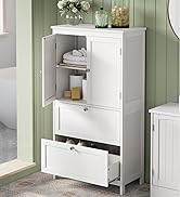 avec deux portes, un tiroir et des étagères ouvertes. Présenté dans une pièce aux murs verts avec des objets de décoration