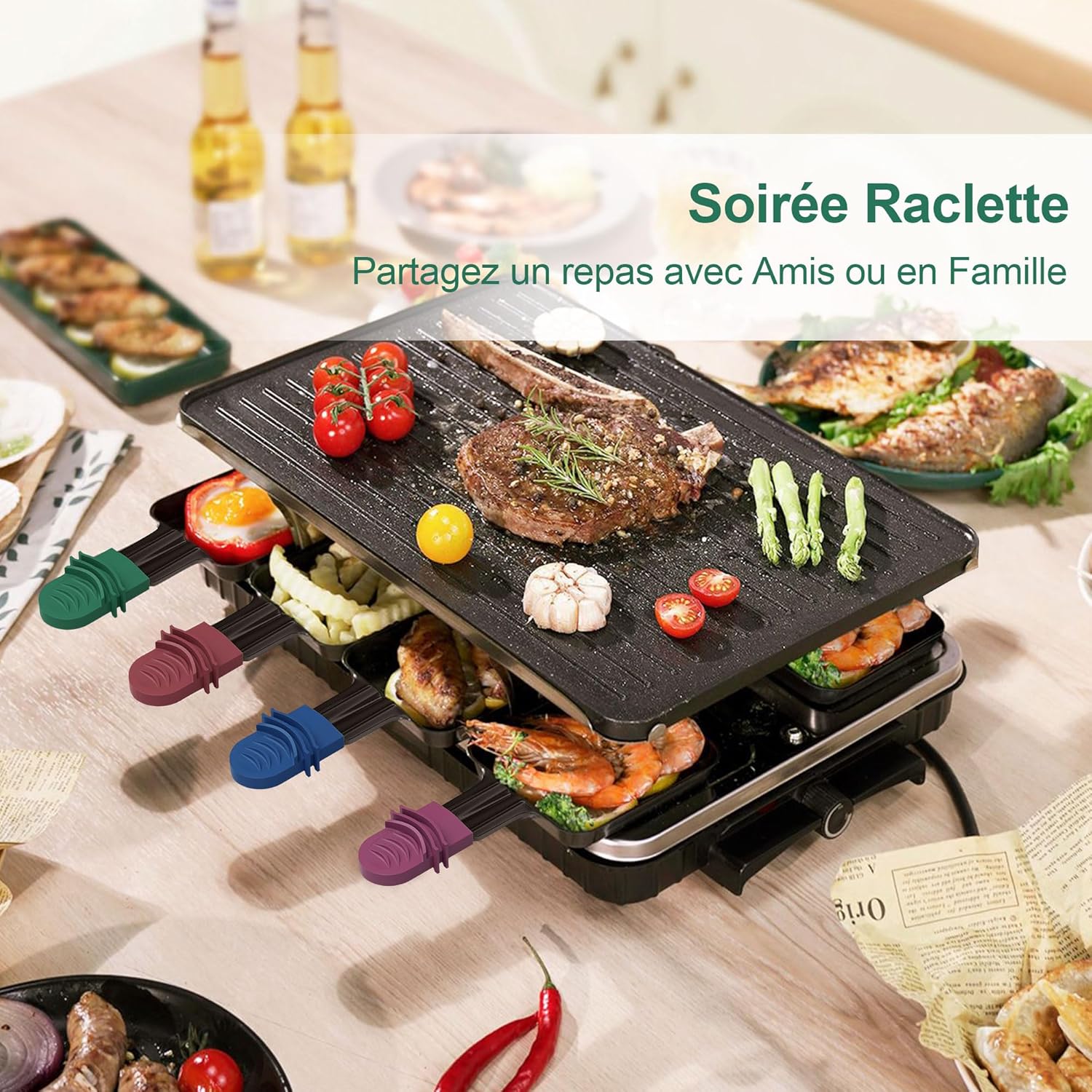 ipow - Lot de 8 poêlons carrés 12x8cm, revêtement antiadhésif, poignées colorées, avec 8 grattoirs bois