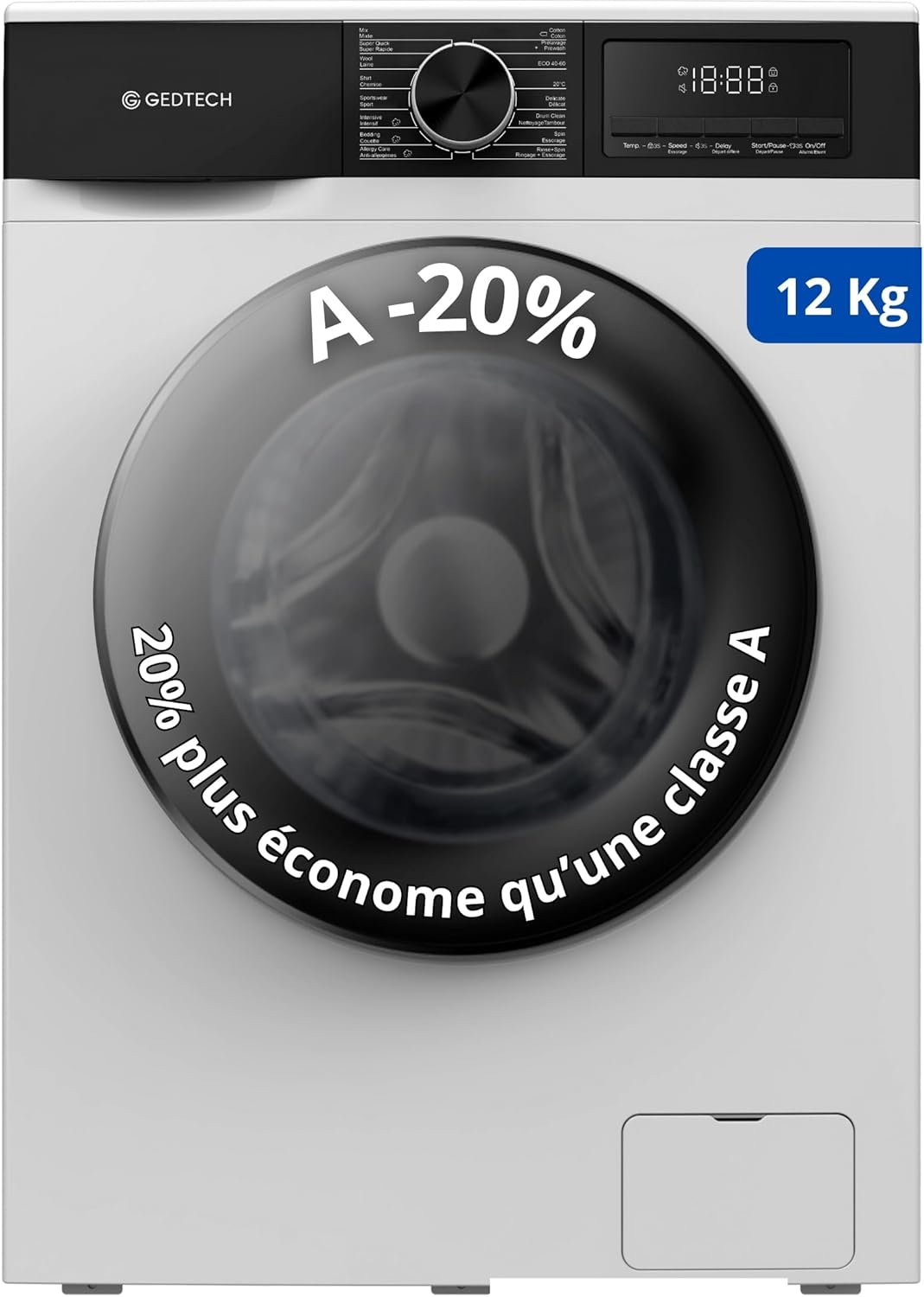 GEDTECH - lave-linge frontal 12 kg, 1400 tr/min, classe A, GLL121400WH