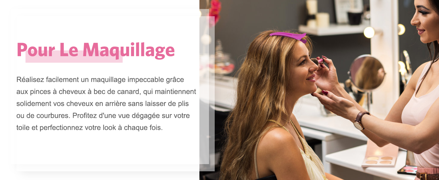 Scène d'application de maquillage avec le texte « Pour Le Maquillage ». Un styliste maquille un client en démontrant des techniques cosmétiques professionnelles