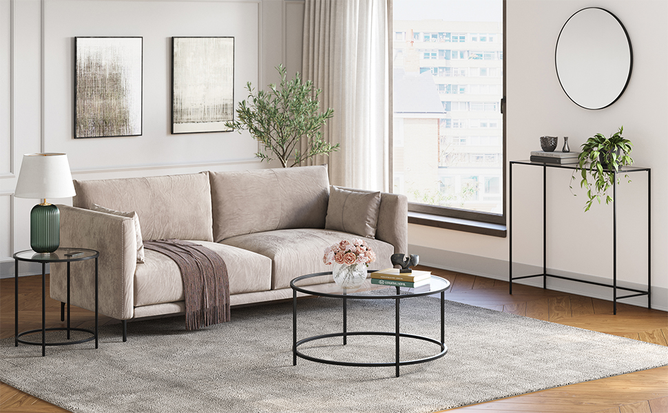 un salon avec un canapé, une table basse et une fenêtre.