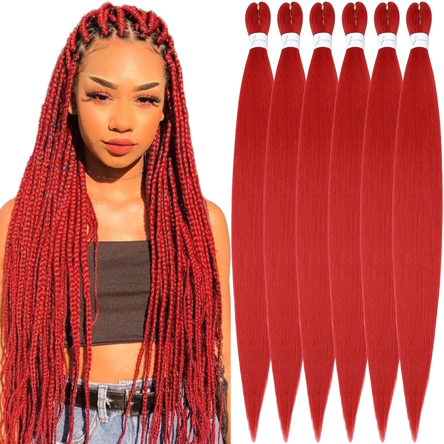 Rajout cheveux tressés - pré-étiré 30 pouces - kanekalon, 6 paquets, lisse, rouge, yaki
