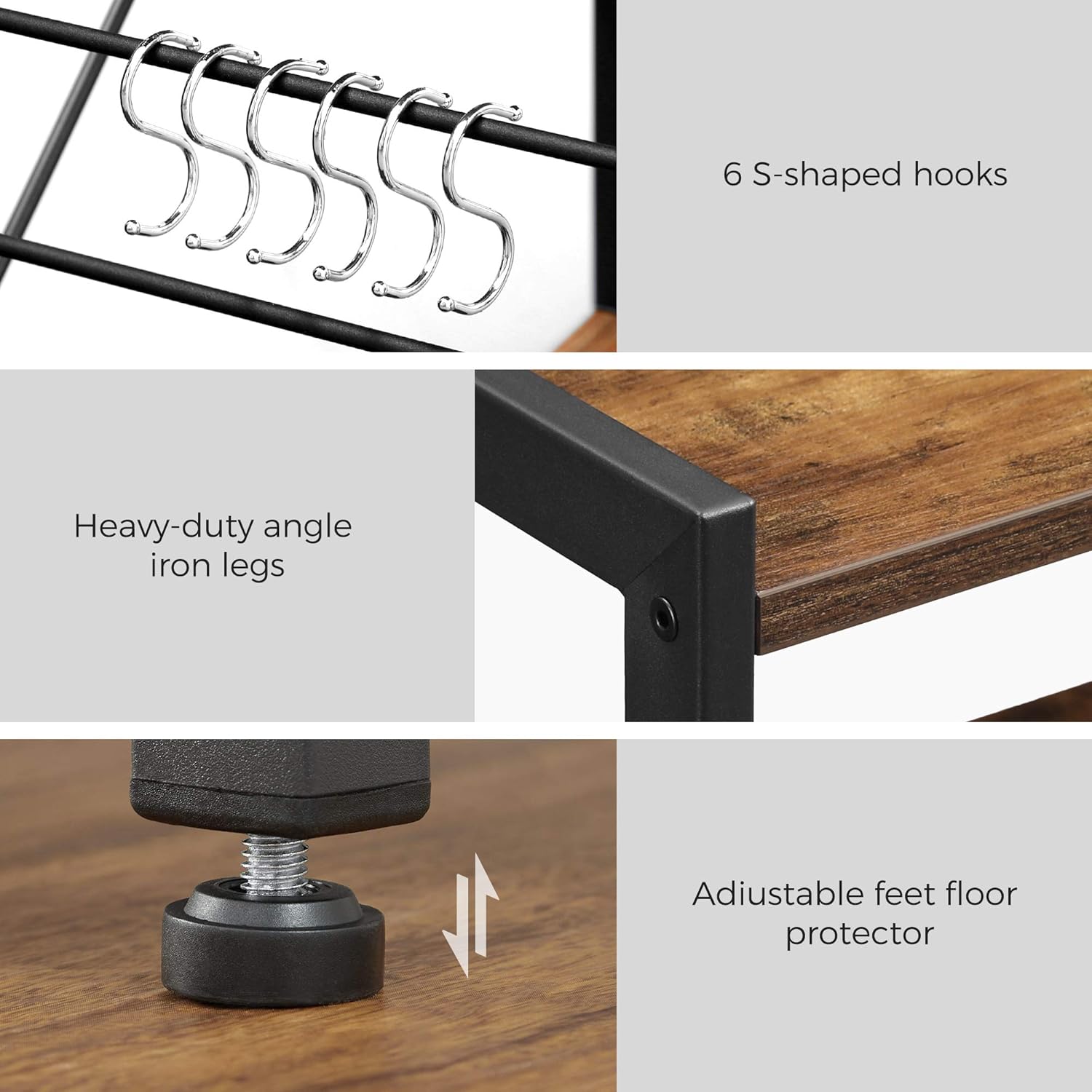 VASAGLE - Étagère cuisine rustique, 35x80x95 cm, 2 paniers, crochets, KKS96X