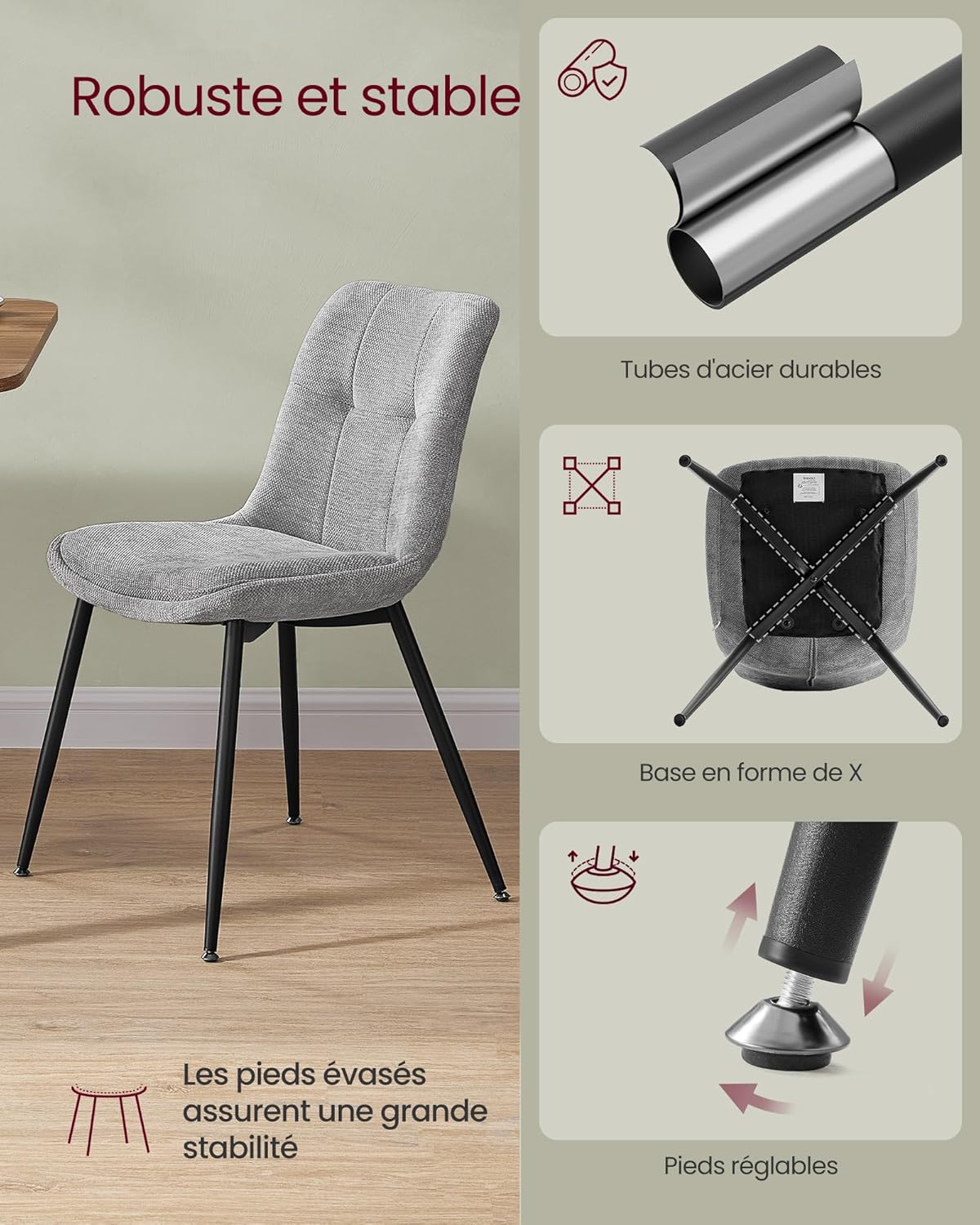 VASAGLE - Lot de 4 chaises salle à manger, pieds métal, double coussin, 120 kg,  KDC151G14