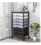 SYKIARIOL Chariot de salle de bain à roulettes avec 8 tiroirs, chariot à tiroirs avec plateau en bois...