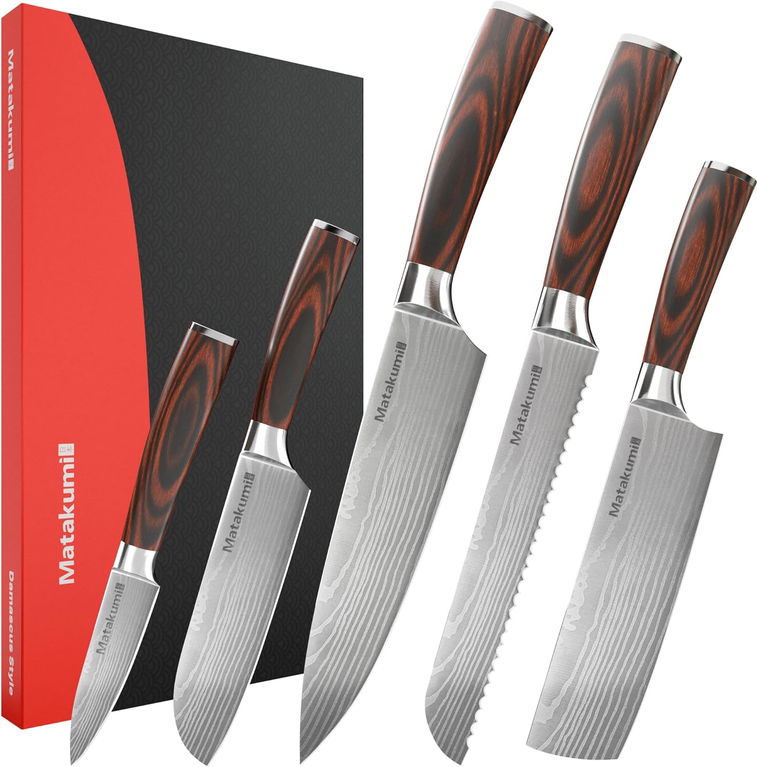 Matakumi - Set couteaux japonais damassé - 5 pièces - acier carbone, manche ergonomique