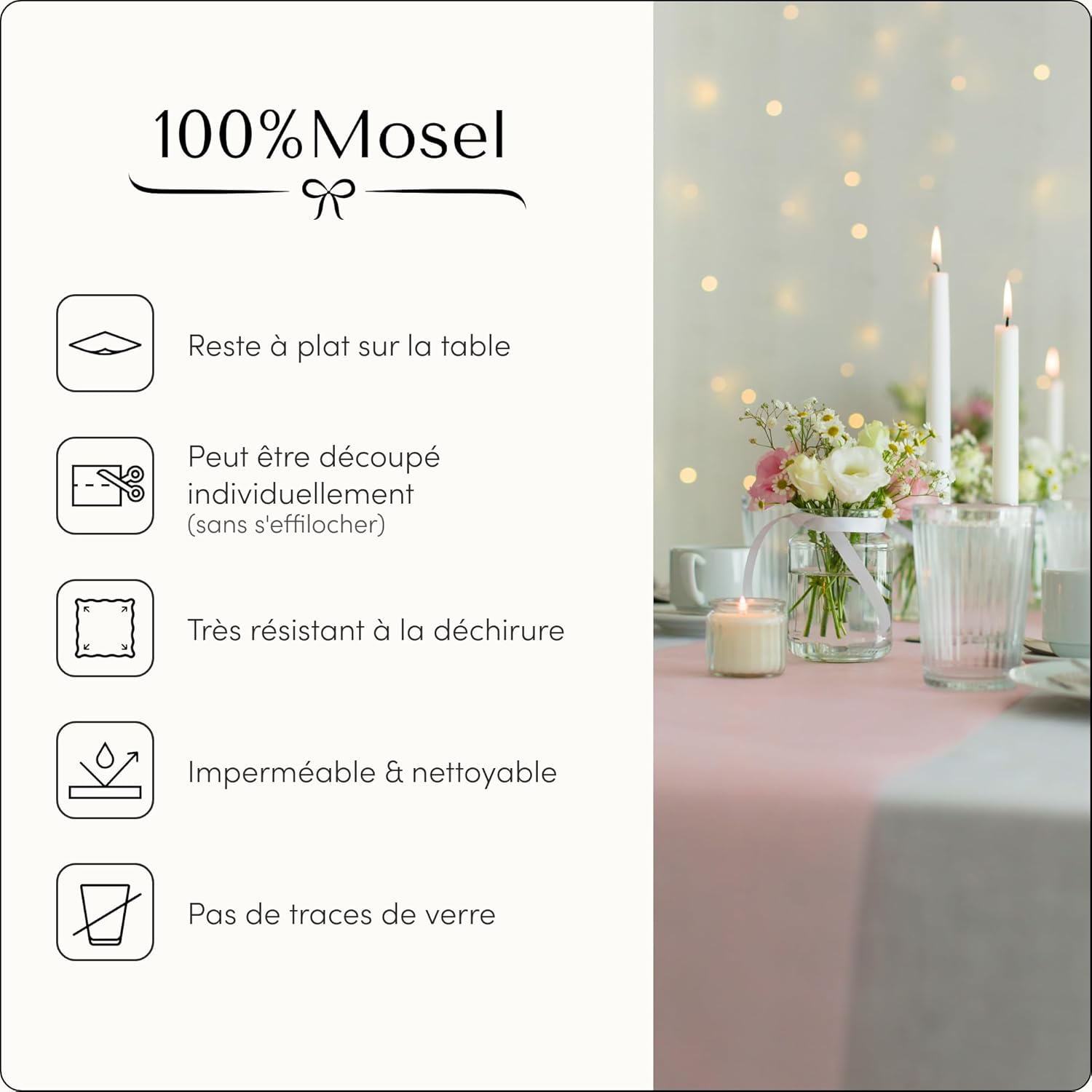 100%Mosel - Chemin de table non-tissé, rose pâle, 30x2500cm, décorations événementielles