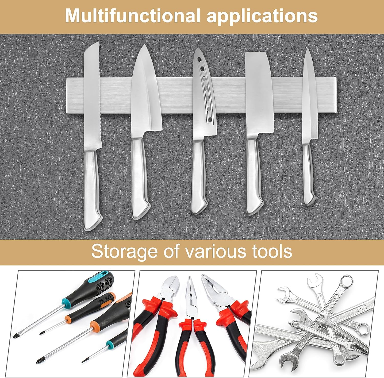 Porte-couteau magnétique - 30 cm - inox, fixation murale sans perçage