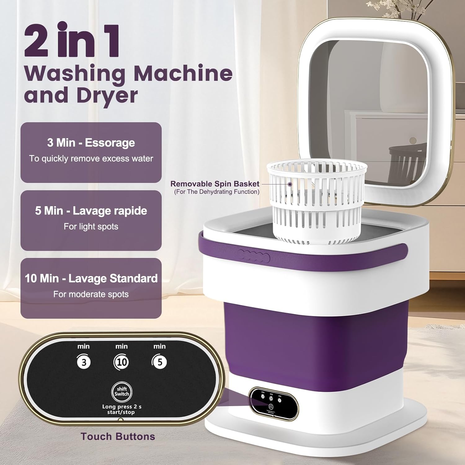 Mini Machine à Laver - 15L 2-en-1, essorage, 3 modes, portable, violet