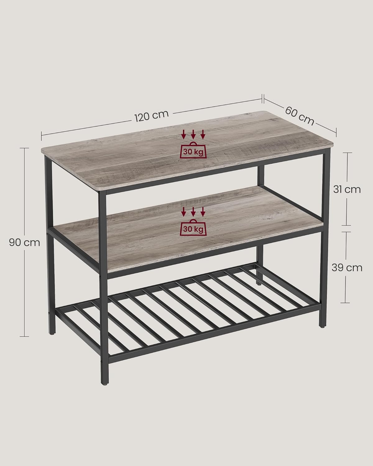 VASAGLE - îlot de cuisine industriel, 60x120x90 cm, 3 étages, KKI001B02