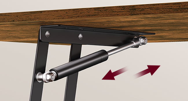 Le texte indique « Image 4 ». Gros plan du mécanisme de support métallique noir fixé à une surface en bois, avec des flèches rouges indiquant un mouvement directionnel.