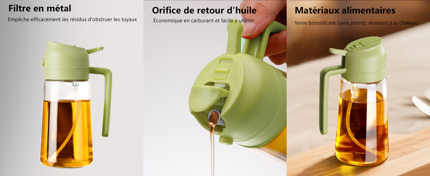 Distributeur d'huile en verre avec couvercle et poignée en plastique vert clair. Comprend un filtre métallique et un bec de retour d'huile. Montré rempli d'un liquide ambré, probablement de l'huile de cuisson.