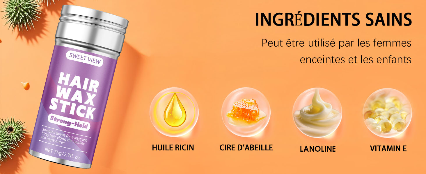 Le texte se lit comme suit : « INGRÉDIENTS SAINS ». Série d'icônes présentant des ingrédients et des bienfaits naturels, notamment des vitamines et des gouttes d'huile sur fond orange.