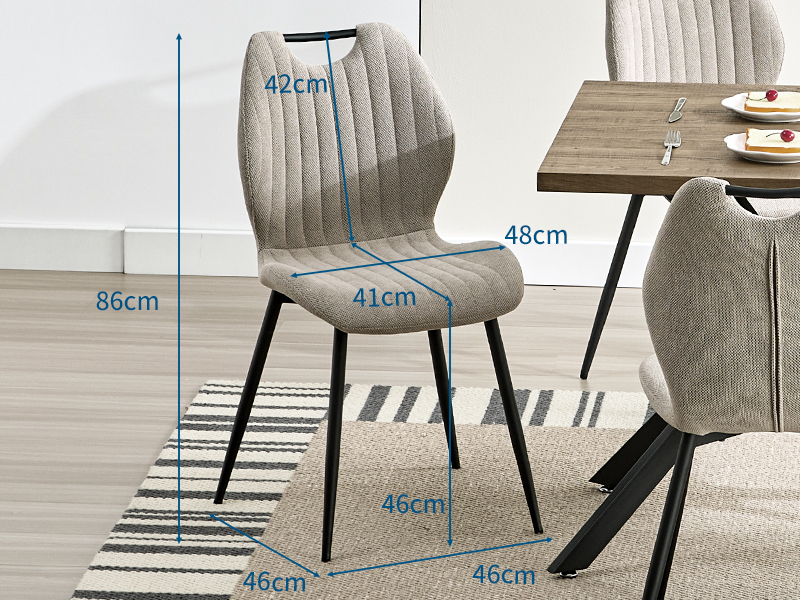 avec dossier côtelé et pieds en métal noir. Le schéma montre les dimensions : 86 cm de hauteur, 48 cm de largeur, 46 cm de profondeur, 46 cm