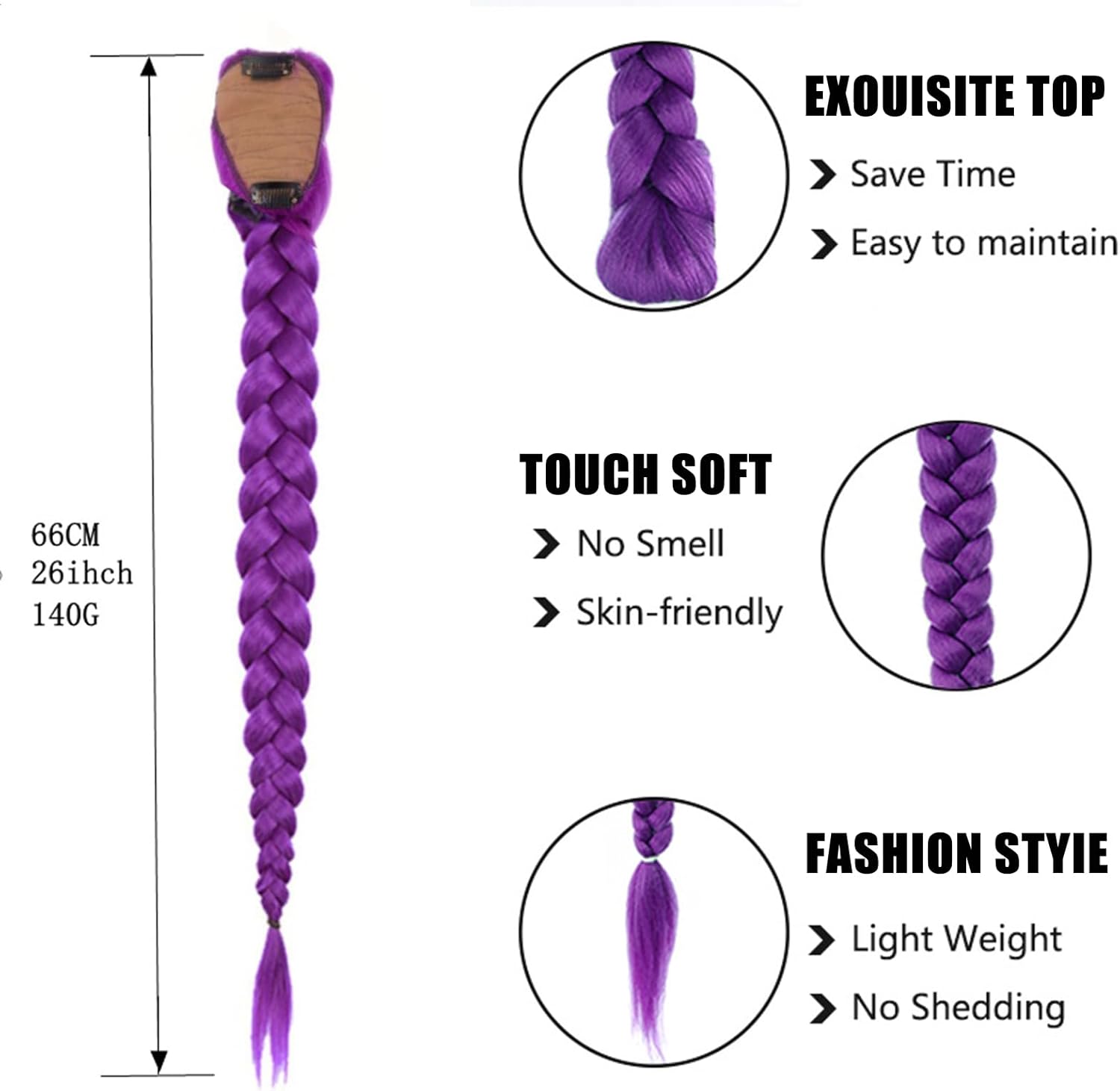 Perruque tressée violette - 66 cm - avec clip, adaptée cosplay et déguisement