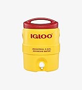 Le texte indique « IGLOO ». Refroidisseur d'eau industriel jaune avec couvercle rouge et bec verseur en bas, conçu pour la distribution d'eau potable.