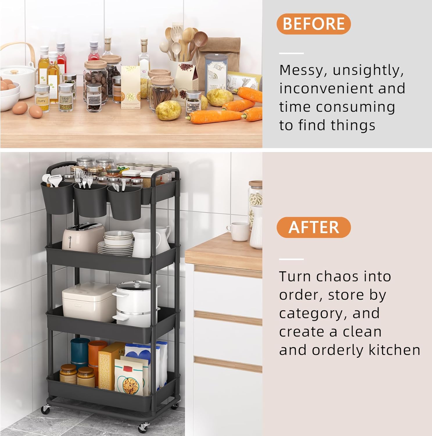 JIUYOTREE - chariot 4 niveaux, roulettes verrouillables, gobelets, poignées, noir