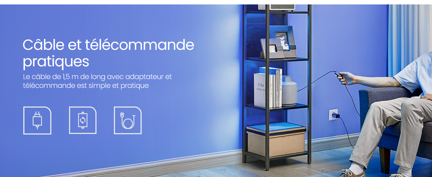 à plusieurs niveaux contenant des appareils électroniques et de l'équipement, illustrée contre un mur bleu avec des icônes de gestion des câbles