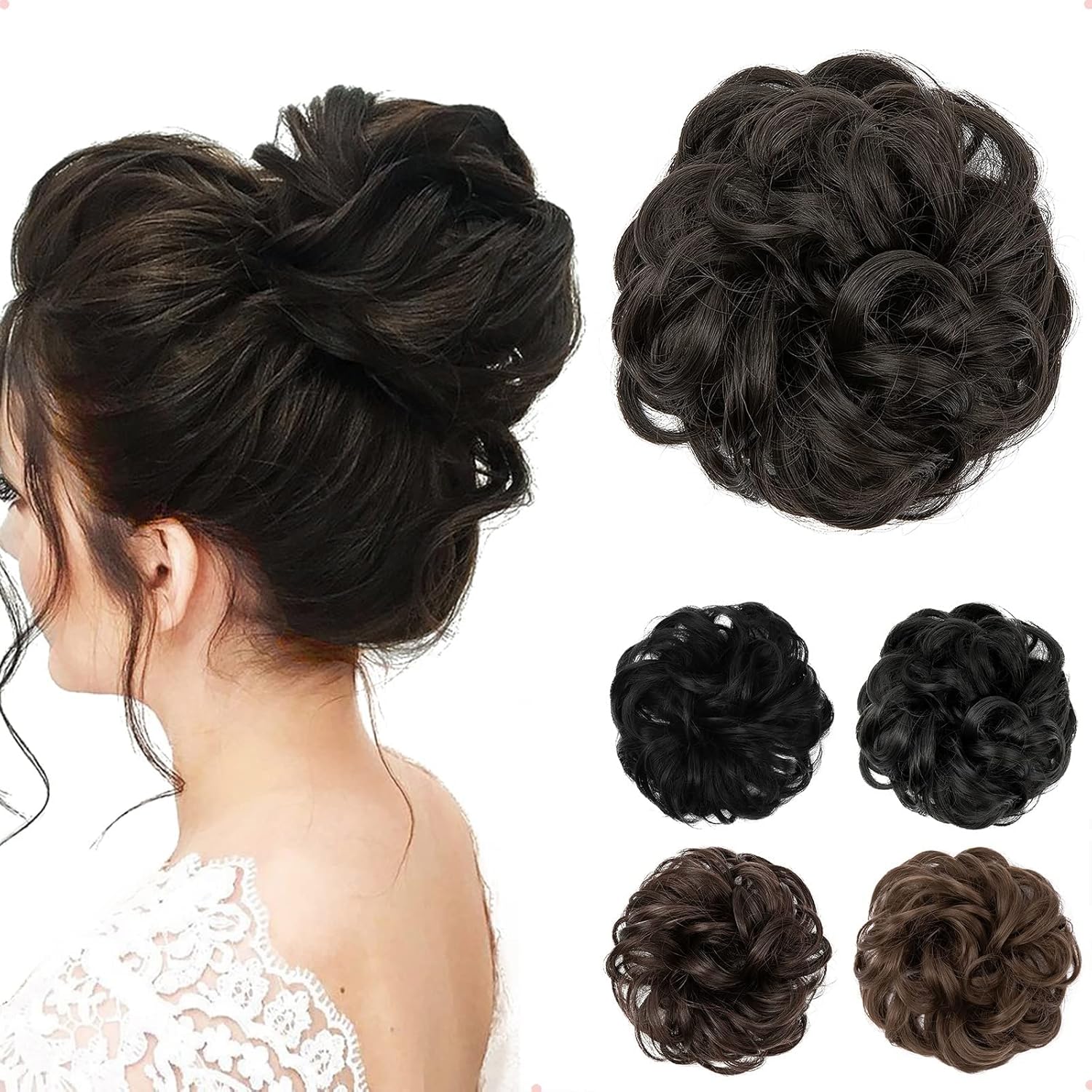 JJstar - Chignon postiche bouclé, élastique, cheveux naturels, noir marron