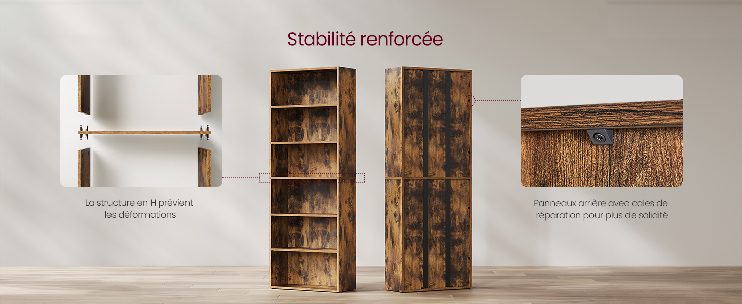 Schéma d'assemblage de meubles en bois rustiques montrant la construction des étagères avec des caractéristiques de stabilité renforcées et des instructions de montage