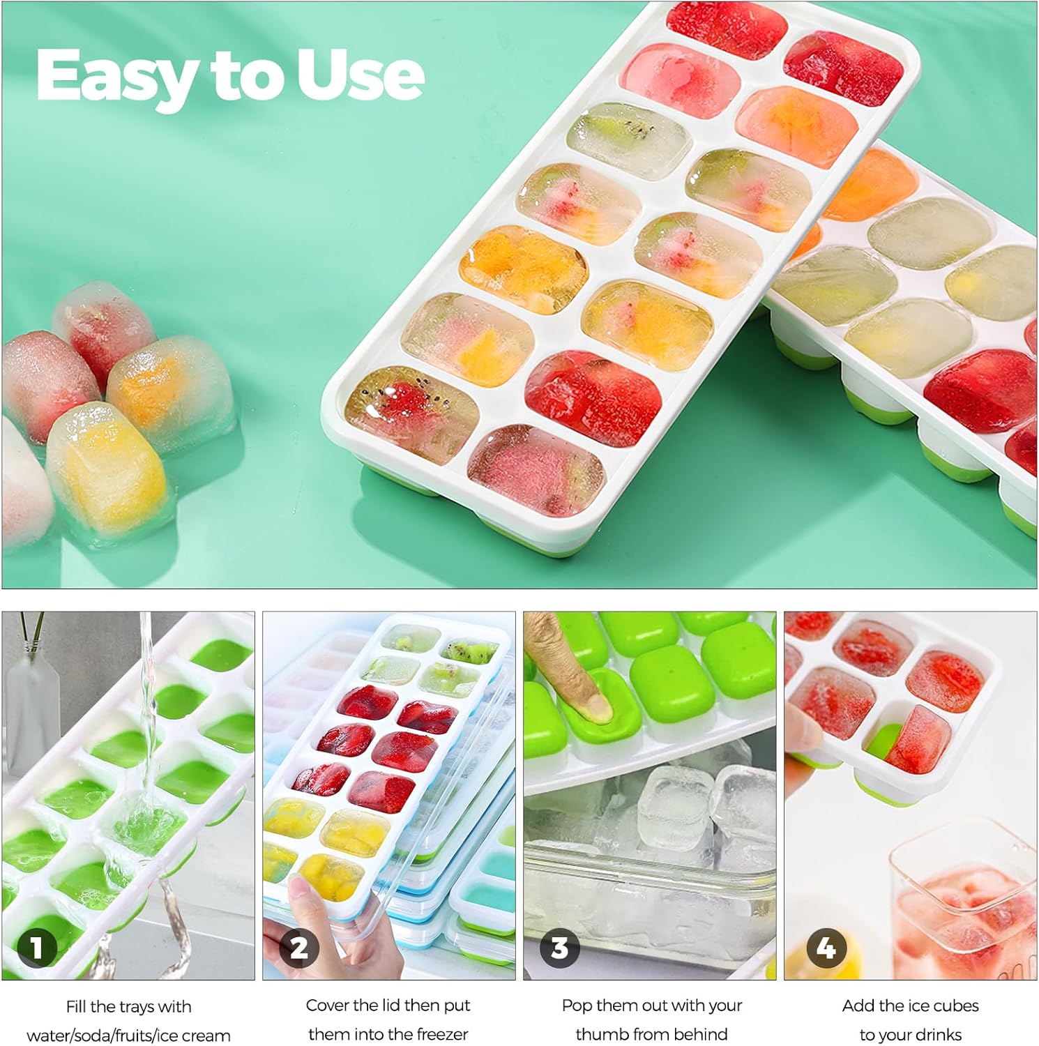 Bac à glaçons silicone - 4 pièces, couvercle, LFGB, sans BPA, facile à démouler