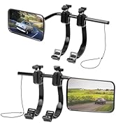 avec support pour smartphone. Des supports noirs réglables se fixent au rétroviseur existant et maintiennent un rétroviseur auxiliaire grand angle et l'écran du téléphone pour une meilleure visibilité