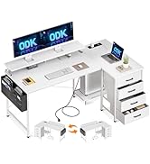 ODK Bureau d'angle avec 4 Tiroirs, 140x80cm Bureau en L avec Prise de Charge USB et Prise de Cour...