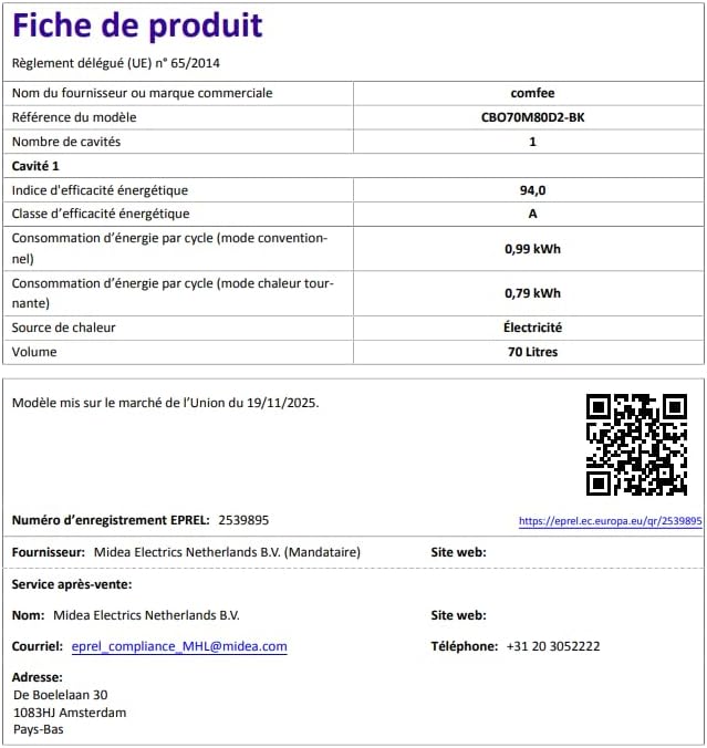 COMFEE - Four Encastrable Multifonction - 60cm - chaleur tournante, affichage digital