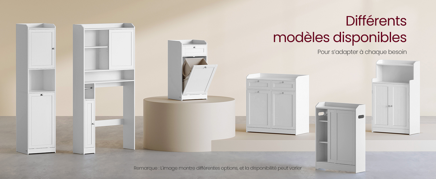 comprenant des armoires, des étagères et un lavabo. Le texte indique que plusieurs modèles sont disponibles.