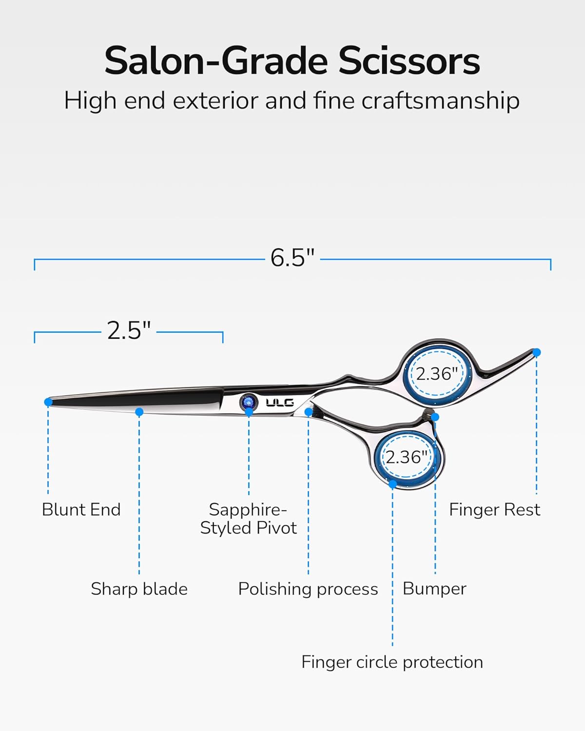 ULG - ciseaux professionnels 16,5 cm, lames rasoir, acier inox