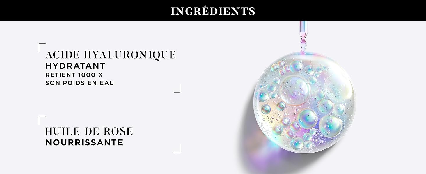 Le texte se lit comme suit : « INGRÉDIENTS », « ACIDE HYALURONIQUE », « HUILE DE ROSE », « NOURRISSANTE ». Emballage circulaire holographique ou irisé du produit illustré.