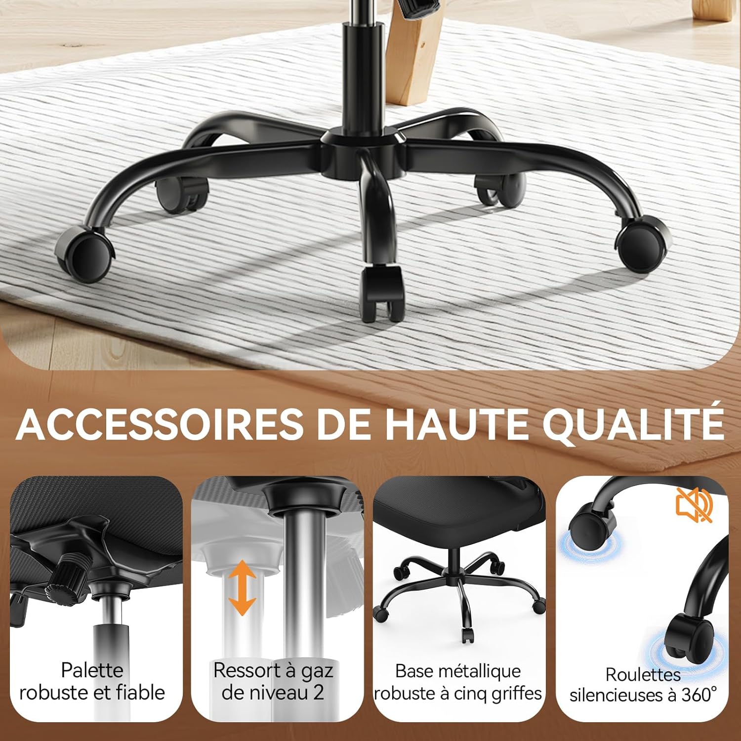 Naspaluro - chaise de bureau ergonomique - support lombaire C - accoudoirs réversibles, maille respirante, noir