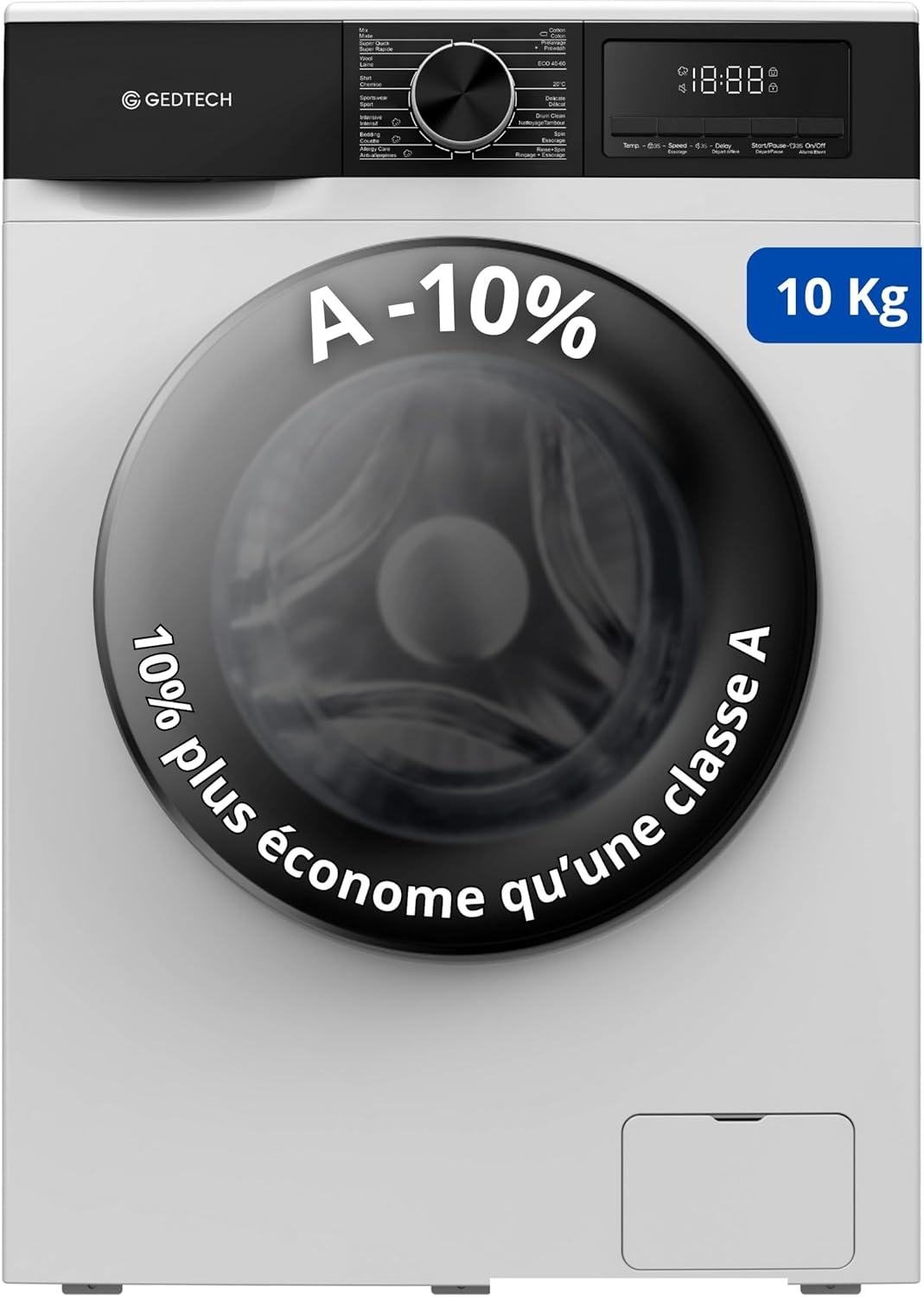 GEDTECH - Lave-linge frontal, 10 kg, 1400 tr/mn, éco, classe A-10% - GLL101400WH