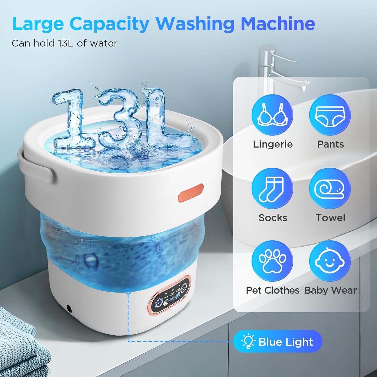 Mini machine à laver portable 13L, 3 modes, tuyau drainage, compact