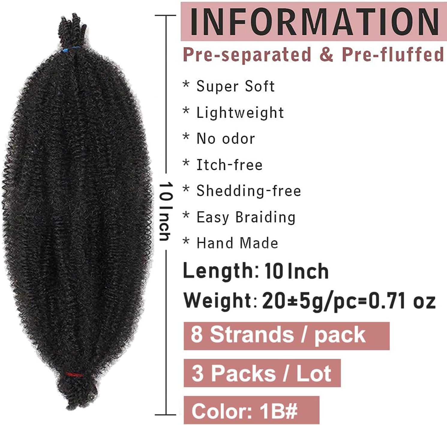 Xtrend - extensions afro pré-séparées - 25,4 cm - 8 mèches, noir, cheveux doux et élastiques 1B#