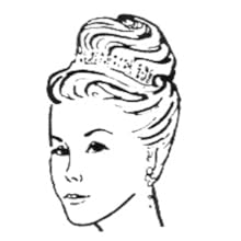 Dessin au trait noir et blanc d'une coiffure chignon élaborée avec des cheveux tourbillonnants et un accessoire décoratif pour cheveux. L'illustration montre la tête et le haut du cou d'une personne.