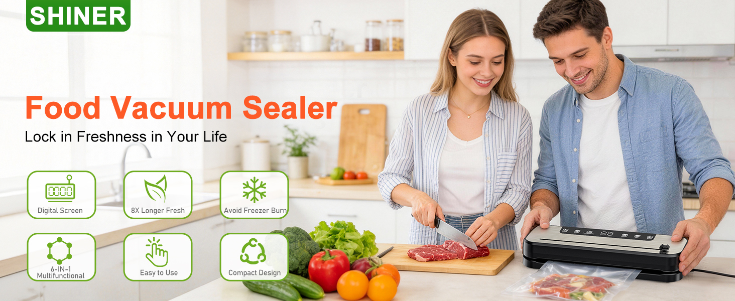 Le texte se lit comme suit : « Scelleuse sous vide pour aliments », « SHINEN ». Démonstration de produit montrant le processus de scellage sous vide des aliments avec des produits frais et des exemples de stockage.